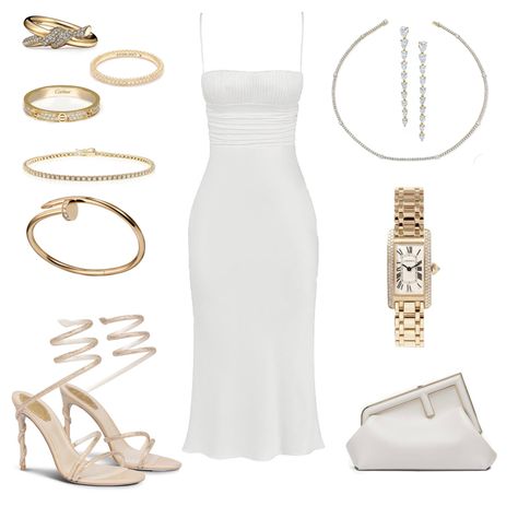 White Outfit Party Night, Mother Of Two, Heels Gold, Gold Outfit, White Sundress, Aesthetic Style, Fashion Heels, Jewelry Diamond, Looks Chic