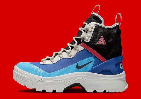 Nike ACG Zoom Gaiadome Gore-Tex Blue Red DD2858-400 | SneakerNews.com Nike Snkrs, Jordan 2, Nike Acg, University Blue, Winter Olympics, Team Usa, Air Zoom, Red Accents, Gore Tex