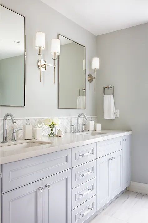 Bathroom Wall Sconces Double Vanity, Double Vanity Lighting Ideas, Bathroom Vanity Lighting Sconces, Bathroom Sconces Double Vanity, Sconces In Bathroom, Bathroom With Double Sink, Light Grey Bathroom, Master Bath Sconces, Double Vanity Lighting