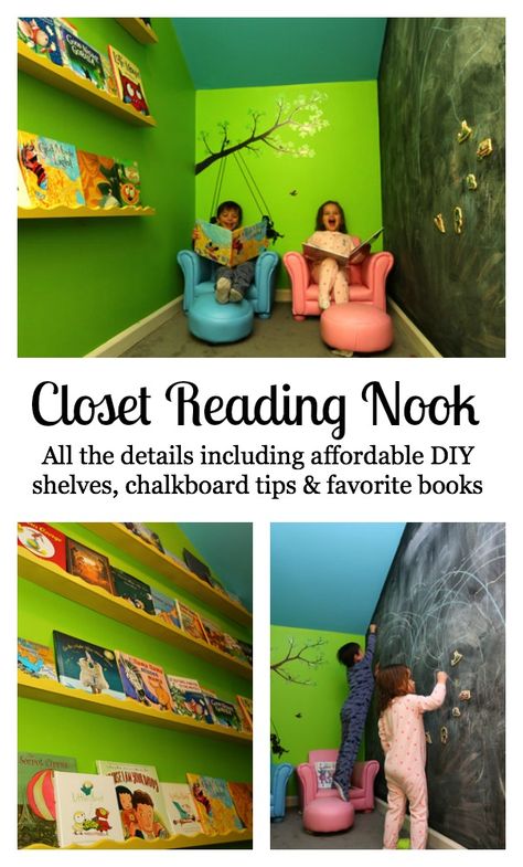 Closet Reading Nook - all the details including affordable DIY shelves, chalkboard tips and favorite books Under The Stairs Ideas, Kids Hideout, Under Stairs Playhouse, Under Stairs Playroom, Closet Nook, Reading Nook Closet, Kids Nook, Playroom Closet, Room Under Stairs