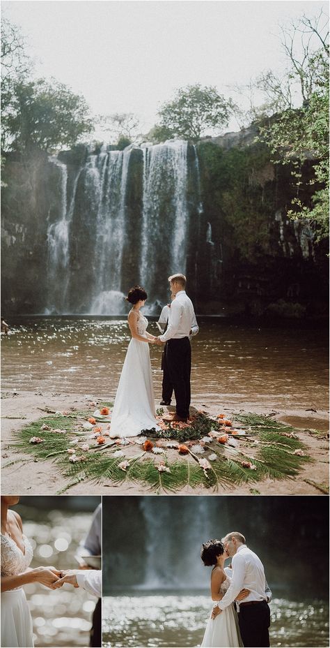 Access to this beautiful location is also fairly easy, within the past few years they have created sturdy steps with handrails to make the 5-minute hike down even easier - making it easily walkable in your wedding attire or for guests. • Llanos del Cortes Waterfall Elopement in Costa Rica • Mil Besos Waterfall Wedding Ideas, Costa Rica Waterfall Wedding, Waterfall Wedding Pictures, Elope In Costa Rica, Costa Rica Elopement, Wedding Costa Rica, Costa Rica Waterfall, Waterfall Elopement, Maui Elopement