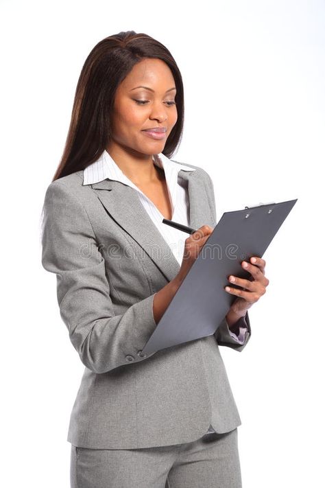 Beautiful black business woman with clipboard. Smiling young beautiful business #Sponsored , #advertisement, #Ad, #black, #woman, #young, #business Black Women In Suits, Black Business Woman, Woman In Suit, Business Photoshoot, Grey Suit, Black Business, Gray Suit, Pose Reference Photo, Young And Beautiful