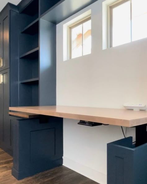 DIY an IKEA Hack Built-in Computer Desk for Under $600 - Fun Home Building Standing Desk Diy How To Build, Ikea Storage Desk Hack, Desk On Wheels Diy, Desk Next To Bookshelf, Raising Desk Office, Multidesk Home Office, Diy Rising Desk, Diy Standing Desk Cover, Home Office Built Ins With Standing Desk