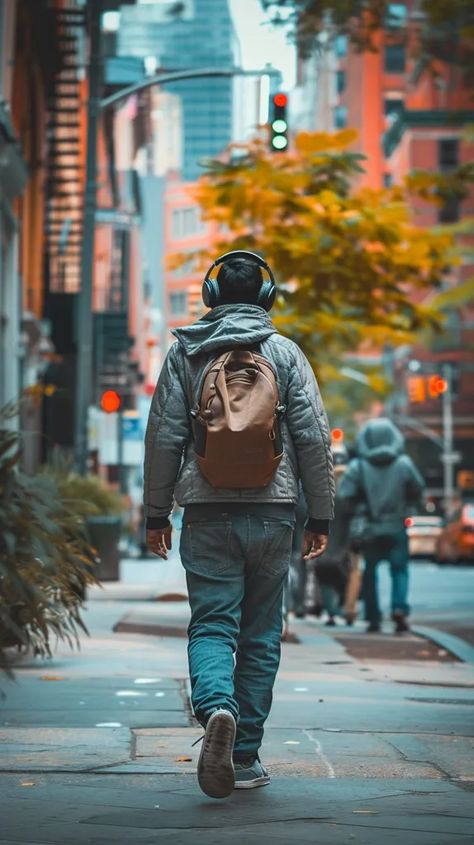 Midjourney AI Image: a realistic raw photo of man walking down the street. He has folded headphones to listen to music, p... → more in ai-img-gen.com Man Wearing Headphones, Wearing Headphones, Wearing Headphone, Raw Photo, Lost In Thought, Low Angle, Music Headphones, Walking Alone, City Street