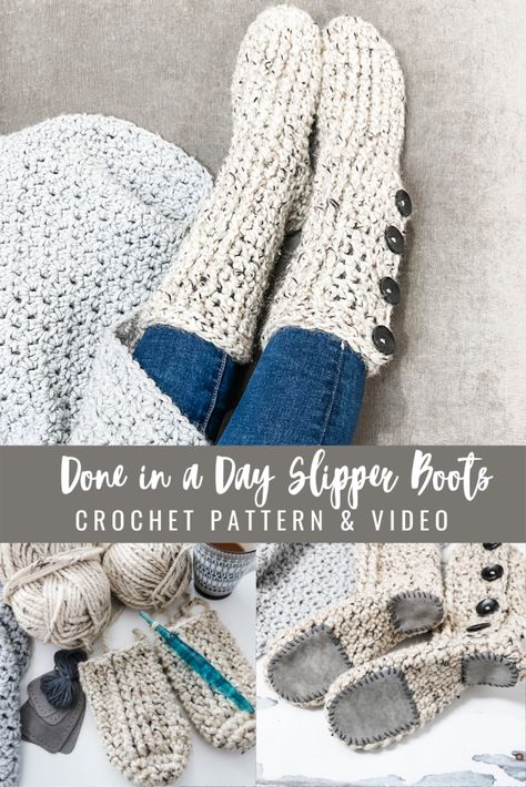 Done In A Day Crochet, Crochet Slipper Boots, Boots Pattern, Easy Crochet Slippers, Slipper Pattern, Crochet Slipper, Crochet Socks Pattern, Crochet Slippers Free Pattern, Barefoot Sandal