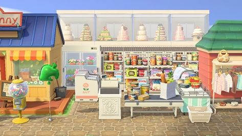 Acnh Yard Sale, Animal Crossing Supermarket Ideas, Acnh Supermarket Design, Acnh Grocery Store Designs, Acnh Grocery Store Design Codes, Acnh Store Design, Acnh Pet Store, Animal Crossing Supermarket, Acnh Able Sisters And Nooks Cranny Store Ideas