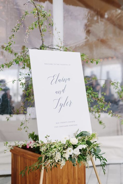 Wedding Sign On Easel With Flowers, Wedding Welcome Sign Easel Flowers, White And Green Wedding Welcome Sign, Floral Easel Welcome Signs, White And Green Flowers Welcome Sign, Floral Swag, White Wedding Flowers, Coastal Chic, Wedding Welcome Signs