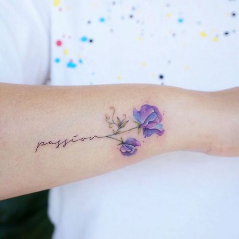 17 Fine Line Pastel Tattoos by G. No Violet Name, Name Flower Tattoo, Purple Flower Tattoos, Violet Flower Tattoos, Pastel Tattoo, Violet Tattoo, Tattoo Line, Flower Wrist Tattoos, Tatuaje A Color