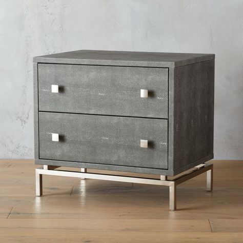 Shop Shagreen Embossed Nightstand. Divine gray shagreen is boudoir-level luxury on a minimal modern frame. Designed by Amanda Ip of Slate Design, striking low profile dresser is completely wrapped in faux embossed snakeskin-like shagreen, by hand no less. Frame Silhouette, Low Dresser, Dresser Design, Snake Charmer, Eclectic Bedroom, Iron Hardware, Modern Bedroom Furniture, Modern Nightstand, Modern Dresser