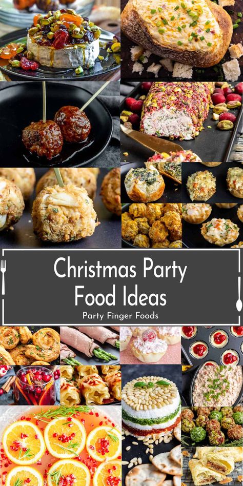 collage of christmas party food recipes Foods To Bring To Christmas Party, Winter Party Food For A Crowd, Friendsmas Party Ideas Food Dinner, Funny Christmas Appetizers, Holiday Party Foods Christmas, Christmas Holiday Party Food, Holiday Snacks Christmas Savory, Christmas Food Make Ahead, Xmas Buffet Ideas