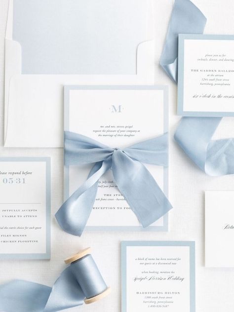 Powder Blue Wedding Inspirations | Sky Blue | Light Blue Wedding Style Ribbon Wedding Invitations, Powder Blue Wedding, Ribbon Invitation, Baby Blue Weddings, Wedding Invitation Trends, Blue Wedding Inspiration, Colorful Borders, Blue Invitation, Light Blue Wedding