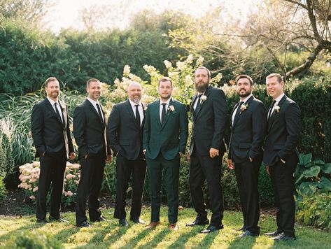 A Wedding Editor's Flower-Filled Celebration on a Sprawling Farm in Chesterfield, New Jersey Dark Green Groom And Groomsmen, Deep Green Groomsmen, Viet Wedding, Dark Green Suit, Wedding On A Farm, Green Tux, Natural Motifs, Male Wedding, Grooms Party