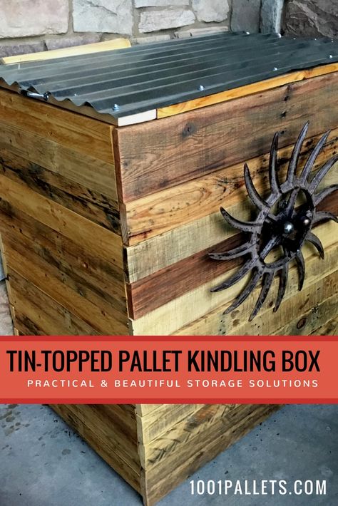 Indoor Pallet Ideas, Diy Kindling Storage, Kindling Storage Outdoor, Kindling Storage, Fireplace Storage, Firewood Storage Outdoor, Pallet Door, Pallet Chest, Storage Outdoor