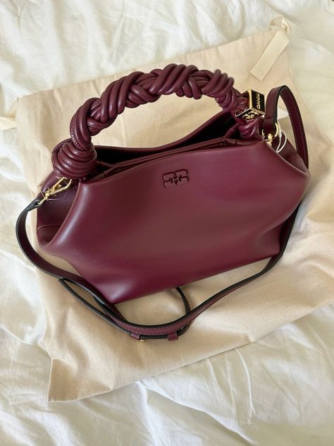 Ganni Bou Bag, Ganni Aesthetic, Ganni Bag, Expensive Fashion, Burgundy Bag, Jw Pei, Unique Handbag, Bags Aesthetic, Custom Bags