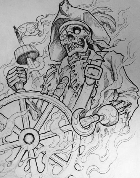 Pirates Ship Drawing, Pirate Drawing Sketches, Skeleton Pirate Tattoo, Pirate Graffiti, Skull Pirate Tattoo, Pirate Tattoo Sketch, Pirate Tattoo Design, Pirate Tattoo Sleeve, Pirate Sketch