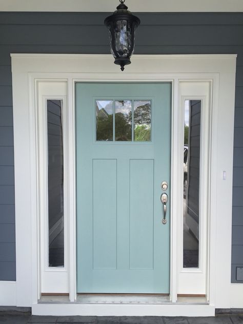 Front door Teal House Exterior Turquoise Front Door Colors, Coastal Style Front Doors, Festoon Aqua Front Door, Seafoam Front Door, Mint Green Front Door, White House Front Door Color Ideas, Front Door Paint Colors For White House, White House Front Door, Light Blue House Front Door Color