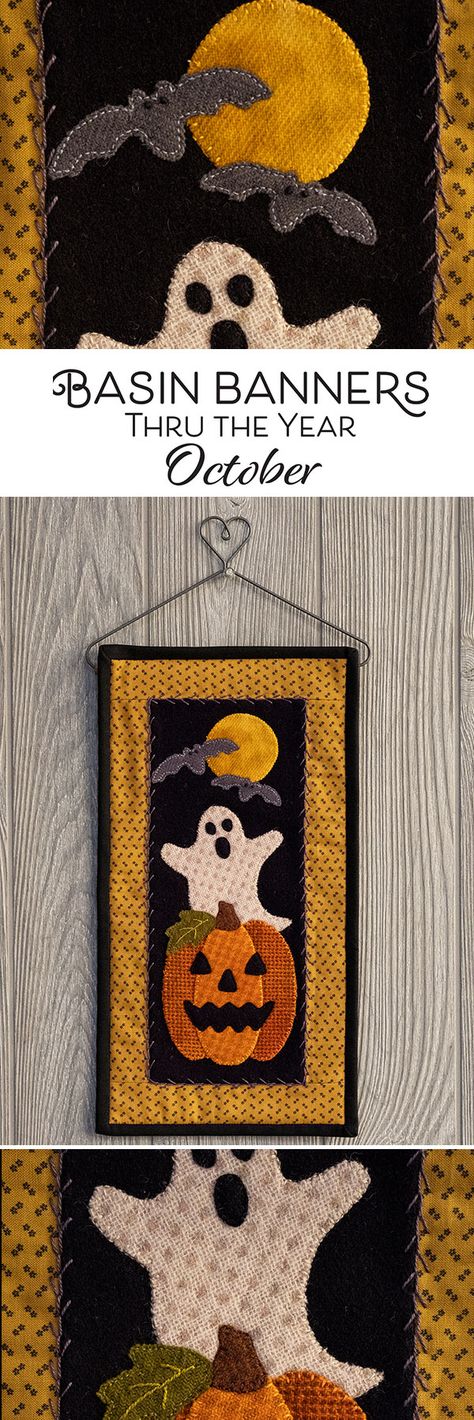 Spooky characters delight at the chance to cause a fright this Halloween night! The Basin Banner for October features beautifully colored and textured hand-dyed wool which will be the perfect addition to your Halloween decor! At 7½” x 14½“, this wall hanging is just the right size to display nearly anywhere! Halloween Wall Quilt, Halloween Quilt Wall Hanging Free Pattern, Autumn Wall Hanging Quilt, Halloween Quilted Wall Hangings, Halloween Wall Hangings, Halloween Wall Hanging, Spooky Characters, Halloween Sewing Projects, Fall Quilt Patterns