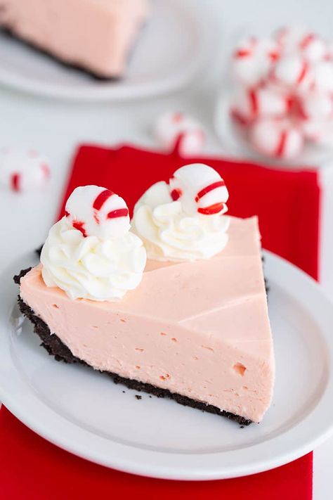 Peppermint Pie - This Candy Cane Pie is a delicious pink cream pie made with cream cheese, pudding, peppermint extract, and a few other ingredients! It comes together quickly and sets up pretty firm. It's topped with whipped cream and soft peppermint candies. This is the perfect pie to serve up at your Christmas gathering. #christmas #peppermint #cookiedoughandovenmitt #dessertrecipes #pie No Bake Peppermint Cheesecake, Peppermint Pie Recipe, Cream Cheese Pudding, Peppermint Pie, Candy Cane Pie, Cheese Pudding, Peppermint Cheesecake, Baked Dessert, Peppermint Candies