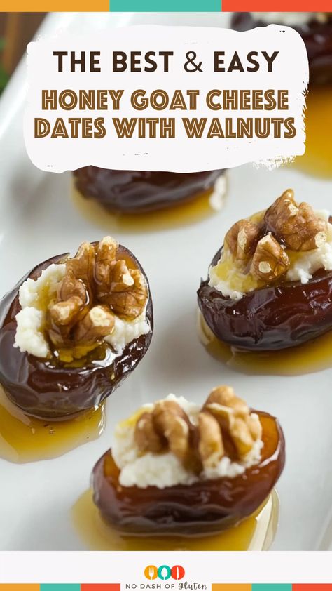 Looking for a quick yet elegant appetizer? These honey goat cheese-stuffed dates with walnuts are the perfect blend of creamy, sweet, and crunchy! 😍 Ideal for parties or cozy nights in. Save this one! Goat Cheese And Date Appetizer, Dates And Cheese, Appetizers Using Dates, Savory Gluten Free Appetizers, Date Dip Recipe, Elegant Thanksgiving Appetizers, Stuffed Figs With Goat Cheese, Things To Make With Goat Cheese, Goat Cheese Dates Appetizer