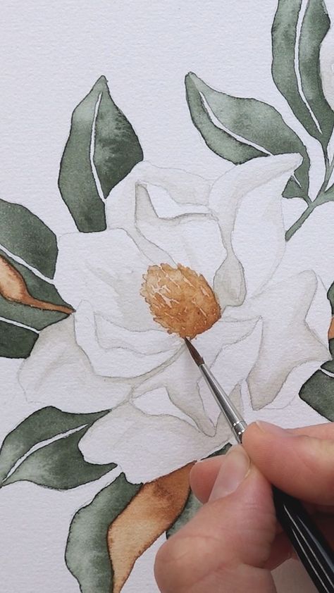 Painting White Flowers, Magnolia Grandiflora, Watercolor Flowers Tutorial, Watercolor Tutorial, Watercolor Video, Diy Watercolor Painting, Watercolor Flower Art, Watercolor Painting Techniques, Hur Man Målar