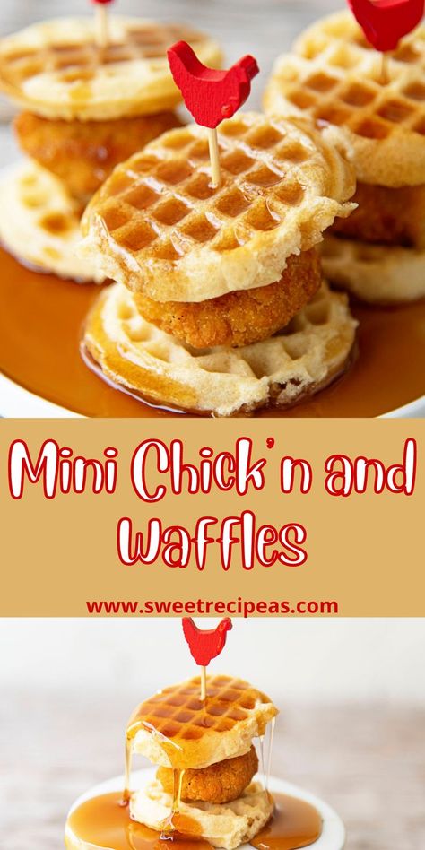 These Mini Chick’n and Waffles are super easy to make and are a fun appetizer to have at a party or brunch for your vegetarian friends. For more recipes follow me here on Pinterest. Mini Chicken And Waffles Appetizers, Mini Chicken And Waffles, Chick Fa La, Waffle Sliders, Chicken N Waffles, Waffle Sandwich, At A Party, Chicken And Waffles, More Recipes