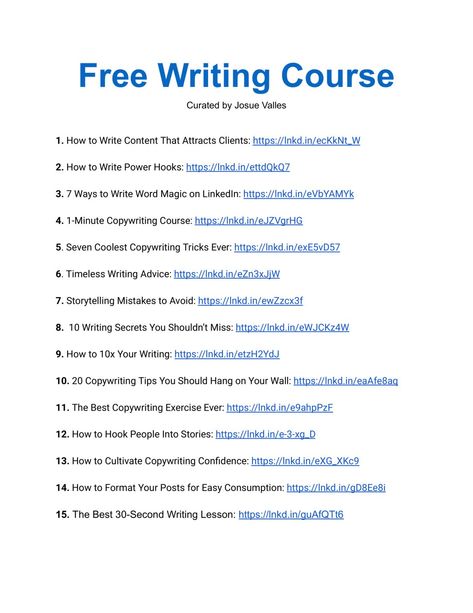 Josue Valles on LinkedIn: I distilled hours of writing advice into this free course.

To start… | 106 comments Free Content Writing Course, How To Start Content Writing, Linkedin Courses, Writing Course, Creative Writing Course, Learn Coding, Copywriting Course, Financial Motivation, Free Classes