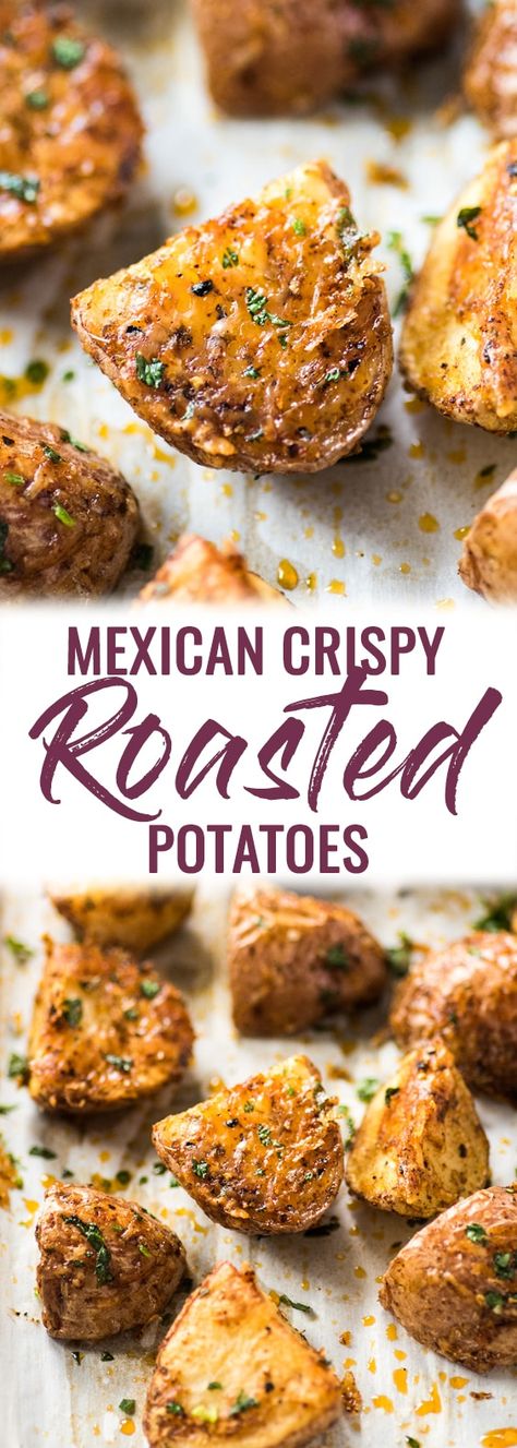 These Mexican Crispy Roasted Potatoes seasoned with chili powder, garlic, sea salt and Parmesan cheese are baked, not fried and are the perfect side to weekday meals. (gluten free, vegetarian) #roastedpotatoes #crispypotatoes | mexican potatoes | easy side dish | baked potatoes | petite red potatoes Petite Red Potatoes, Meals Gluten Free, Mexican Potatoes, Crispy Roasted Potatoes, Taco Side Dishes, Isabel Eats, Potatoes Crispy, Potatoes Easy, Vegetarian Mexican