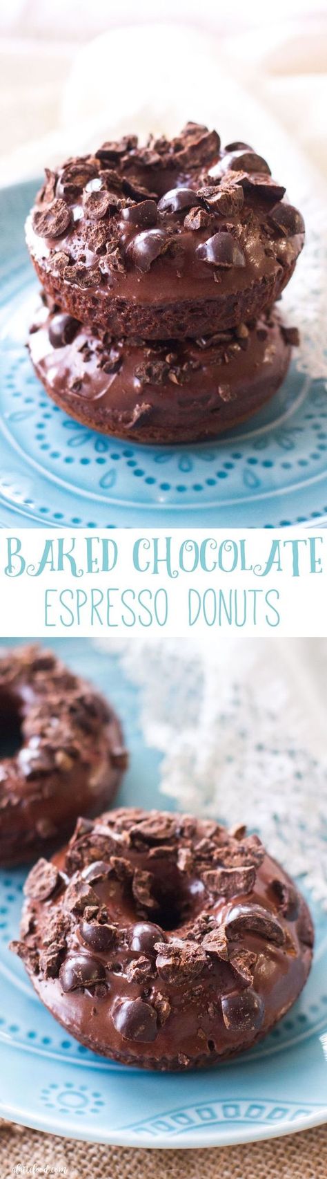 These baked chocolate donuts have brewed espresso in the batter and chopped espresso beans on top of the rich, chocolate glaze. You can have your morning cup of coffee and eat it too! Baked Coffee Donut Recipes, Beignets Cuits, Bakery Breakfast, Homemade Doughnuts, Breakfast Yummy, Brunch Recipe, Espresso Beans, Chocolate Espresso, Food Sweet