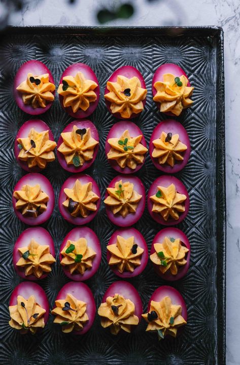 Pickled Beet Deviled Eggs, Deviled Eggs With Salmon Roe, Red Beet Deviled Eggs, Spring Deviled Eggs, Beet Dyed Deviled Eggs, Deviled Egg Flavors, Food For Housewarming Party, Deviled Eggs Aesthetic, Colorful Deviled Eggs