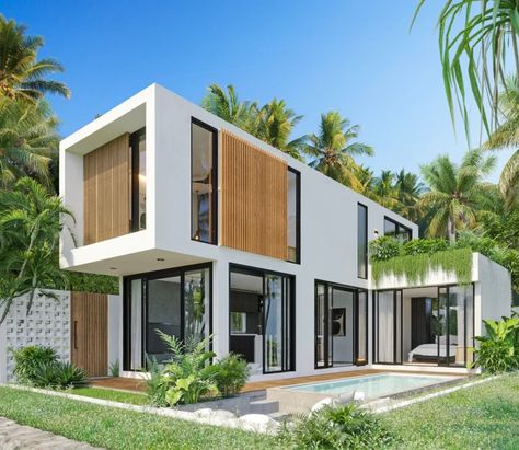 Small Pool Villa, Small Villa With Pool, Small Villa Design, Tropical House Plans, Exterior Perspective, Villa Spain, Villa Ideas, Villas In Bali, Private Resort