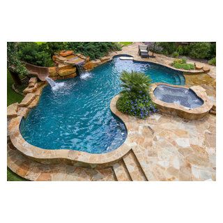 Water Slide and Waterfall - Rustic - Pool - Austin - by Keith Zars Pools | Houzz Pool With Slide And Waterfall, Pool With Slide, Ponds Backyard, Water Slide, Water Slides, Pool Slides, Swimming Pool, Austin, Swimming