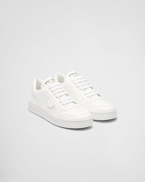 White Downtown Patent Leather Sneakers | PRADA Prada Sneakers, Prada Collection, Prada Logo, Black And White Sneakers, White Sneakers Women, Sneakers Women, Triangle Logo, Perforated Leather, Prada Shoes