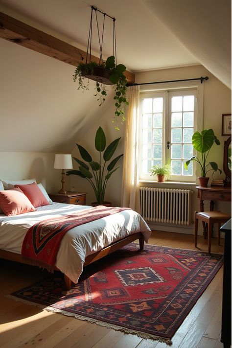 Boho attic bedroom with low bed, kilim rug, plants, and vintage vanity Boho Attic Room, Slanted Ceiling Decor Ideas, Bed In Nook, Low Light Bedroom Ideas, Slanted Ceiling Decor, No Bedframe, Bedroom Slanted Ceiling, Boho Bed Frame, Slanted Ceiling Bedroom