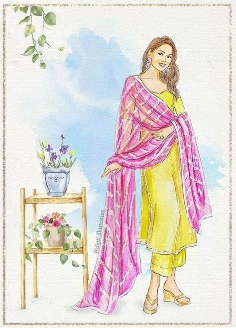 Kurti Fashion Illustration, Traditional Dress Sketch Illustrations, Indian Clothes Drawing, Kurti Illustration Sketch, Traditional Dresses Drawing, Traditional Wear Illustration, Kurti Illustration, Pashmina Dress, Dress Illustration Art