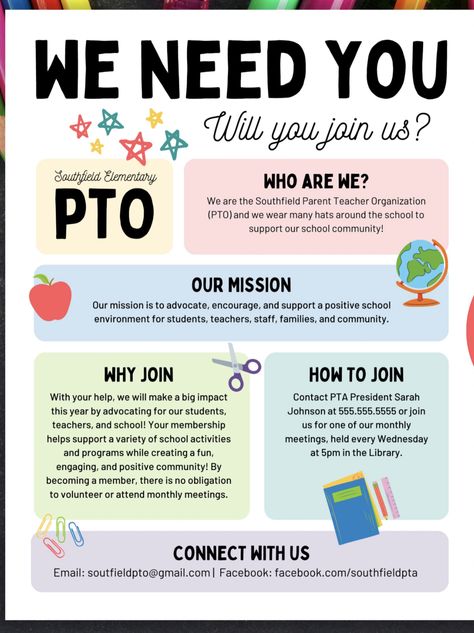 Pta Flyer Ideas, Pta Posters Ideas, Parent Committee Ideas, Pto Board Ideas, Pta Events Activities, Pto Trifold Board, Pta Board Positions, Pta Welcome Table, Parent Liaison Office Ideas