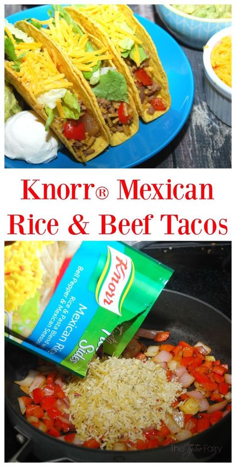 Knorr® Mexican Rice & Beef Tacos | The TipToe Fairy Knorr Mexican Rice Recipe, Knorr Sides Recipes, Knorr Rice Recipes, Knorr Rice Sides, Easy Tacos, Good Protein Foods, Knorr Recipes, Mexican Rice Casserole, Taco Rice