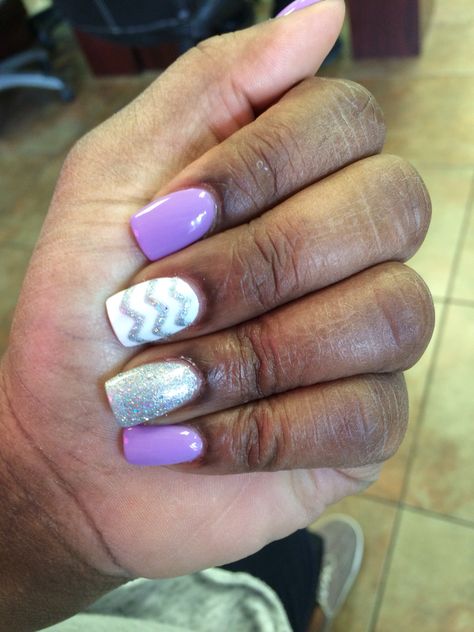 My lavender and chevron nails with a silver glitter accent. Chevron Nails, Spring Acrylic Nails, Sparkle Nails, Types Of Nails, Purple Nails, Sweet Sixteen, Nails Nails, Silver Glitter, Acrylic Nails