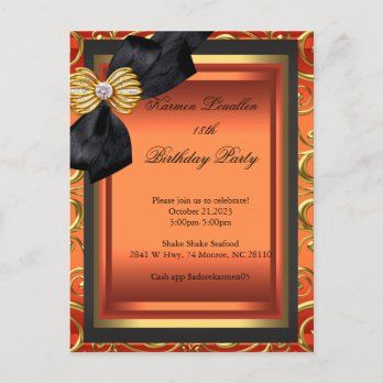 Create your own Flat Card | Zazzle Orange Birthday Parties, Black And Gold Party Decorations, Classy Invitations, Orange Birthday, 50th Birthday Party Invitations, Elegant Birthday Party, Woman Birthday Party, Gold Party Decorations, Elegant Birthday