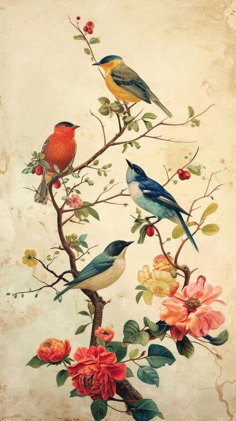 Vintage drawing of birds flower painting pattern. | premium image by rawpixel.com / Boom Iphone Wallpaper Birds, Iphone Wallpaper Jungle, Colibri Wallpaper, Iphone Wallpaper Roses, Birds And Flowers Painting, Flowers And Birds Painting, Roses Iphone Wallpaper, Drawing Of Birds, Wallpaper Iphone Roses