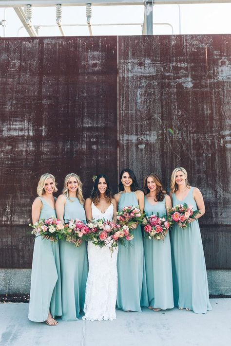 Tropical Wedding Gown, Alternating Bridesmaid Dress Colors, Leaving The Wedding Ideas, Summer Lake Wedding Colors, Light Teal Bridesmaid Dresses, Tropical Bridesmaid Dresses, Millwick Wedding, Blue Bridesmaid Gowns, Cute Bridesmaid Dresses