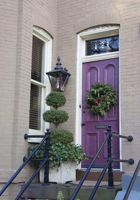 Purple Front Door Grey House, Purple Front Door Colors, Purple Front Door, Brick Colour, Purple Front Doors, Exterior Door Colors, Purple Paint Colors, House Paint Color Combination, Gray House