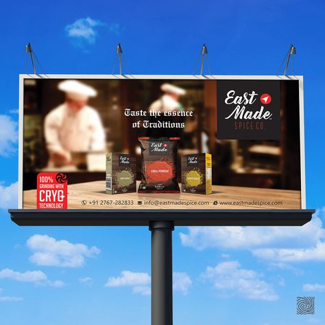 The logo designed by us for Eastmade Spice Co. spoke of originality. Spices developed by them are genuine and possess traditional taste. Apart from that, they use Cryo+ technology to keep the taste intact. To fetch and express the same authenticity, we developed interesting hoardings that carry the real zest of the brand. #WolvesCreata #DigitalMarketing #BrandingAgency #CreativeAgency #BrandCommnunication #amazing #design #hoardings #eastmade #spice #EastmadeSpice Hoarding Design, Food Creatives, Restaurant Branding, Branding Agency, Design Graphics, Social Media Design Graphics, The Taste, Creative Food, Creative Agency