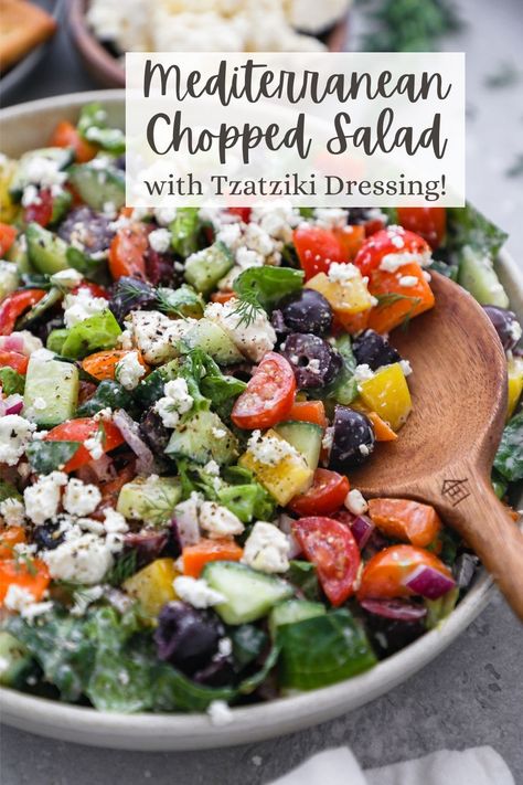 Greek Entrees, Mediterranean Chopped Salad, Tzatziki Dressing, Mediterranean Salads, Salad Supreme, Food Mediterranean, Greek Diet, Mediterranean Recipes Healthy, Recipes Mediterranean