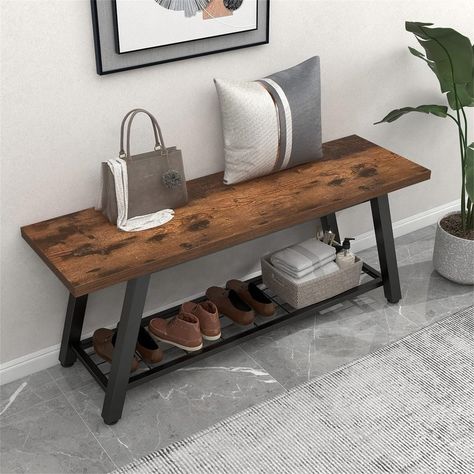 The whole design of this entryway bench is simple and vintage. It is crafted from simple-lined metal frame and rustic wood grain shelves, fits perfectly with your home decoration. Corridor Bench, Shoe Storage Bench Seat, Grey Storage Bench, Wooden Entrance, Entrance Bench, Wood Entryway Bench, Bedroom Retro, Storage Bench Bedroom, Shoe Storage Bench