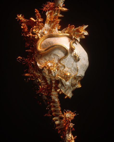 In Memoriam, Gold Aesthetic, Dark Gold, Skull Art, Art Sculpture, Dark Fantasy Art, Dark Art, Dark Fantasy, 3d Art