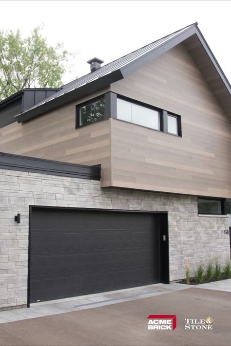 Tile Siding Exterior, Modern Home Siding, Exterior House Finishes Modern, Mac Metal Siding, Modern Brick And Siding Exterior, Exterior Stone And Siding Combinations Modern, House Exterior Stone And Siding, Exterior House Brick And Siding, Wood Look Metal Siding