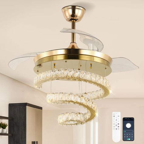 PRICES MAY VARY. Unique Chandelier Ceiling fans :By adjusting the height with steel wire, the shape can be freely switched between the Rings pendant Light and the ceiling Light. Latest model in 2023, with unique design, suitable for rooms on various high and low floors. Dimmable Chandelier Ceiling Fan :Adjust brightness from 10% to 100% and switch between cool white, warm white, and Neutral light (800K-6500K) with ease. Control via remote control or app. Made with stainless steel, crystal, and A Bling Ceiling Fan, Ceiling Fan Bedroom Master Suite, Bedroom Chandeliers Master, Chandelier Ceiling Fans, Chandelier Fans, Chandelier With Fan, Dimmable Chandelier, Fan Bedroom, Fan Light Fixtures