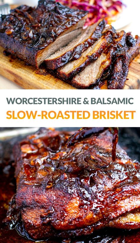 Learn how to slow-cook a beef brisket in the oven with a delicious, balsamic and Worcestershire reduction with onions and garlic. This oven-roasted brisket is braised in the broth that is then caramelised and the beef is browned during the roasting process, resulting in the most succulent meat full of flavour. This is a gluten-free, paleo-friendly, dairy-free beef brisket recipe with step-by-step photos. Brisket In The Oven, Oven Cooked Brisket, Beef Brisket Recipe, Paleo Dinners, Brisket Recipe, Beef Brisket Recipes, Brisket Recipes, Slow Roast, Bbq Meat