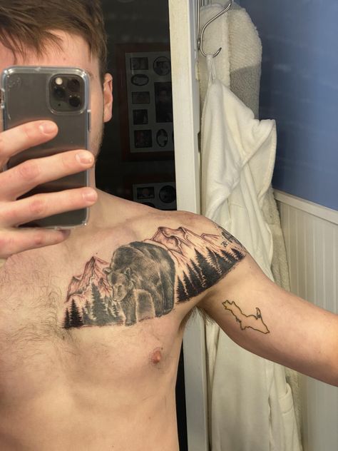 Mountains Chest Tattoo, Mountain Tattoo Chest, Patriots Tattoo, Va Tattoo, Small Chest Tattoos, Trending Tattoos, Prison Tattoos, Angel Wings Tattoo, Chest Tattoos For Women