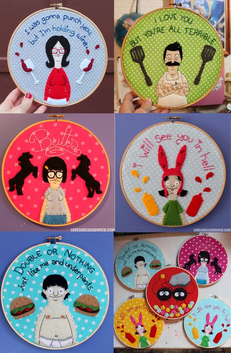 Bobs Burgers Embroidery Patterns, Bobs Burgers Embroidery, Diy Bobs Burgers, Bobs Burgers Gifts, Circle Coasters, Belcher Family, Iconic Lines, Bob's Burgers, Beaded Cross Stitch